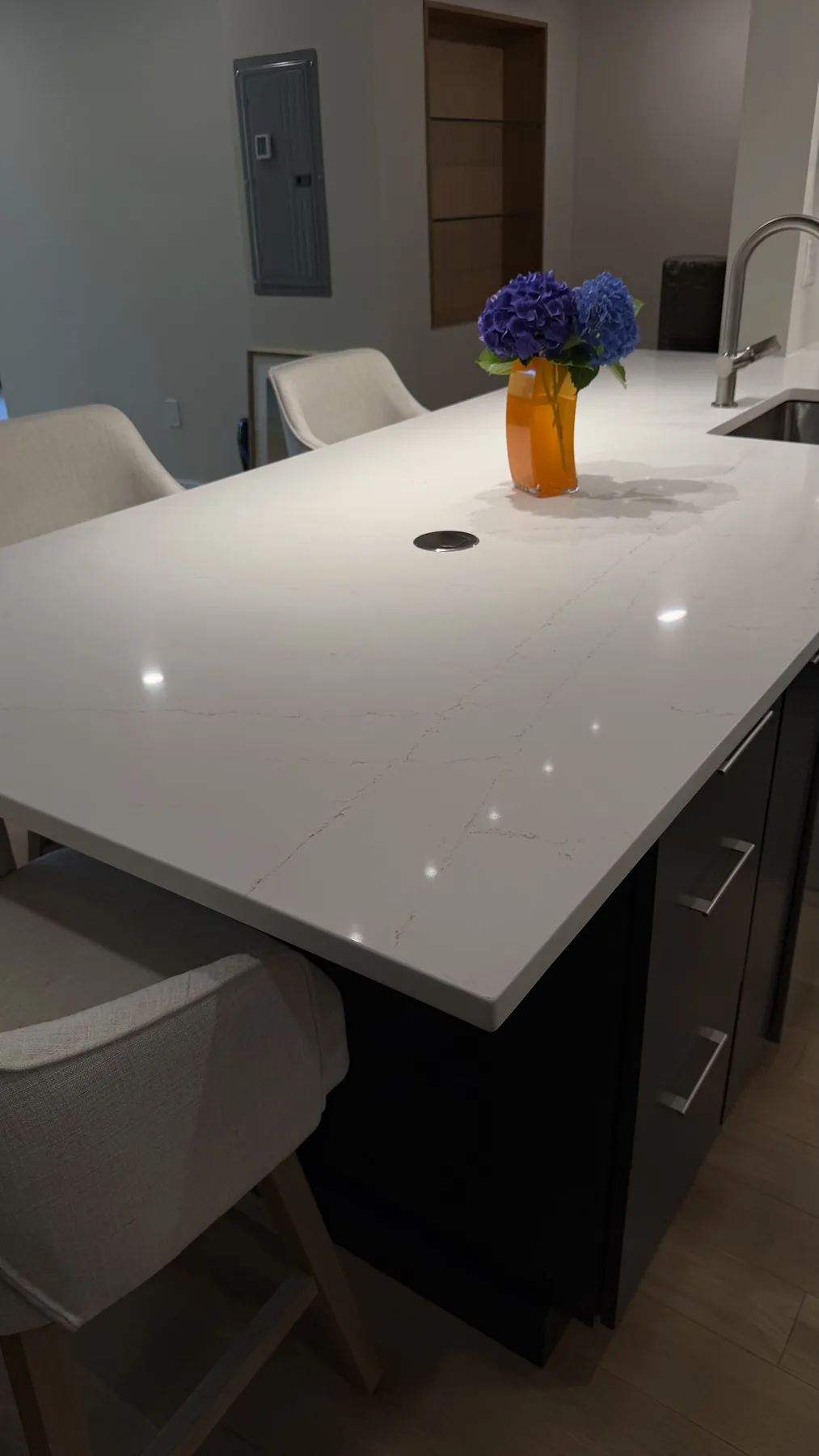 Open kitchen and living remodel with quartz countertop and custom cabinetry, North Shore MA
